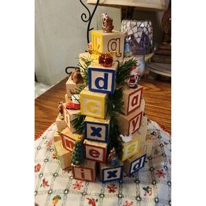 Vintage Handmade Alphabet Wood Block Christmas Holiday Tree w/ Miniature Figures